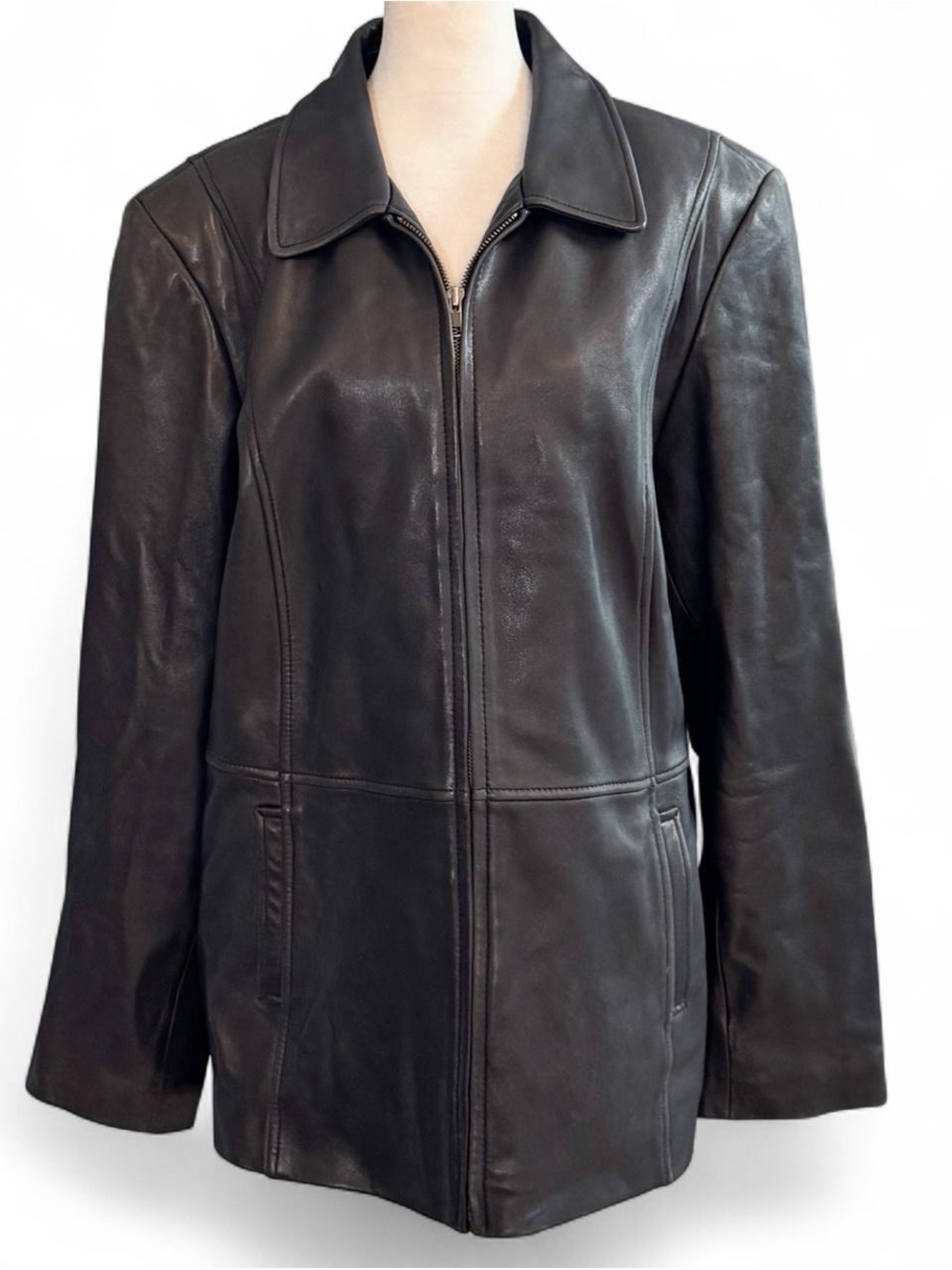 Vintage Alfani Genuine Leather Jacket Black Zip Up Collared Car Coat 90s